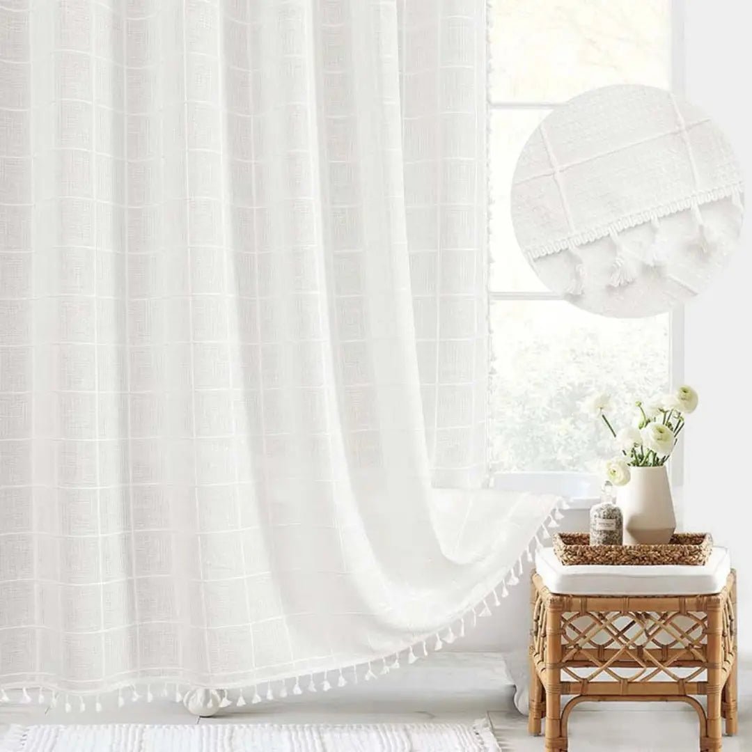 Lina Duschvorhang - Leinen, Boho-Design mit Quasten, Wasserdicht 4