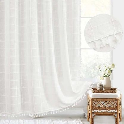 Lina Duschvorhang - Leinen, Boho-Design mit Quasten, Wasserdicht 4