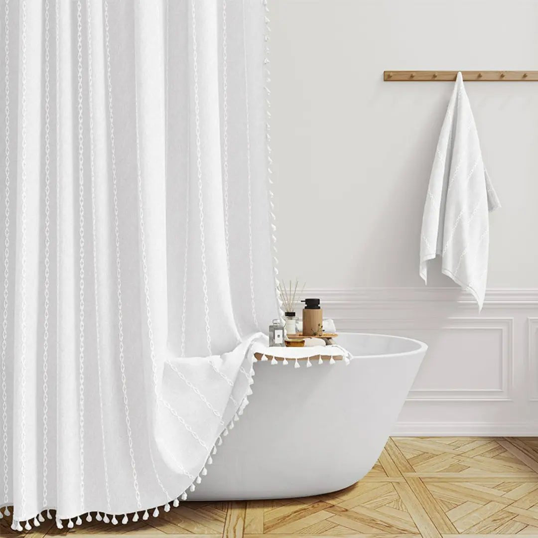 Lina Duschvorhang - Leinen, Boho-Design mit Quasten, Wasserdicht 6