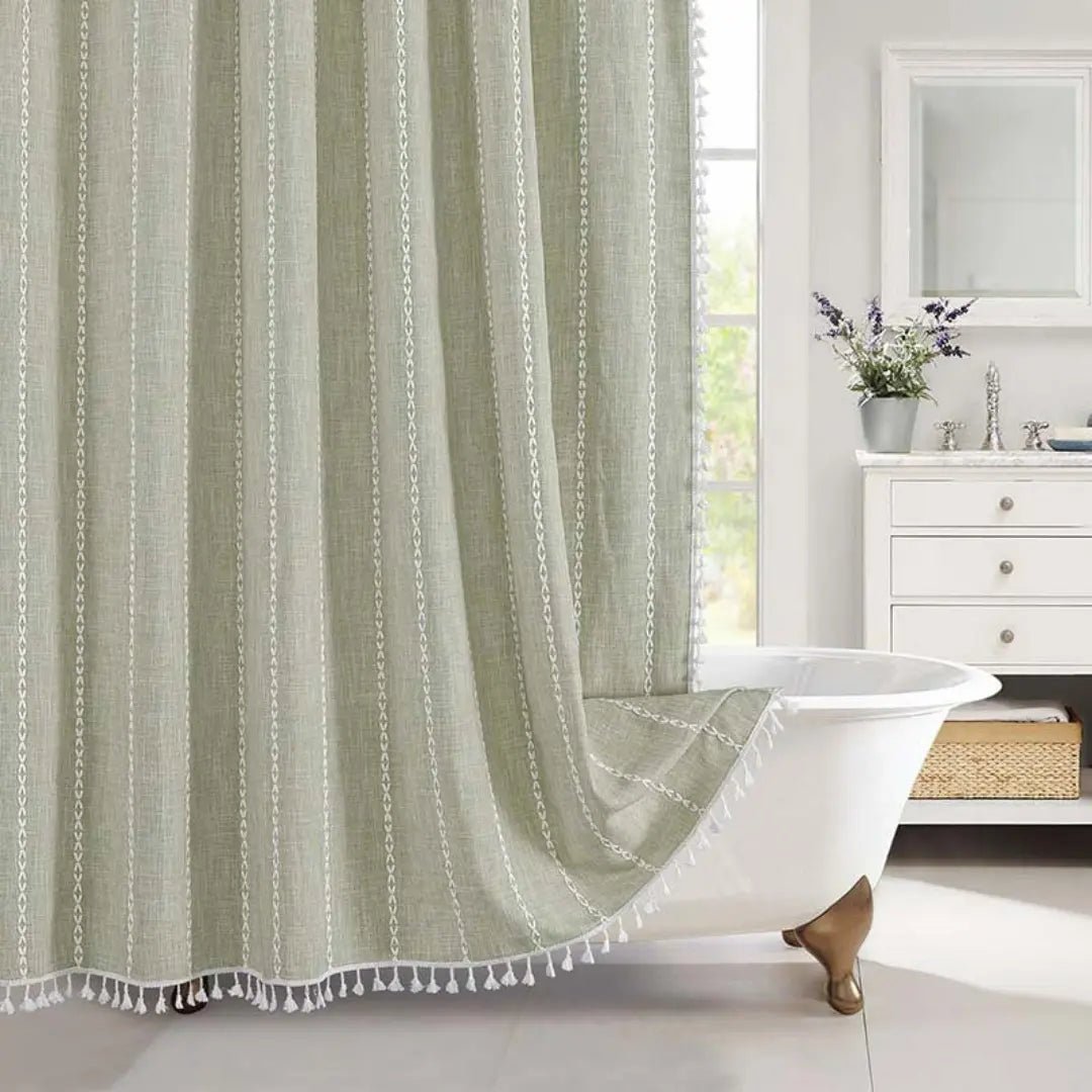 Lina Duschvorhang - Leinen, Boho-Design mit Quasten, Wasserdicht 7