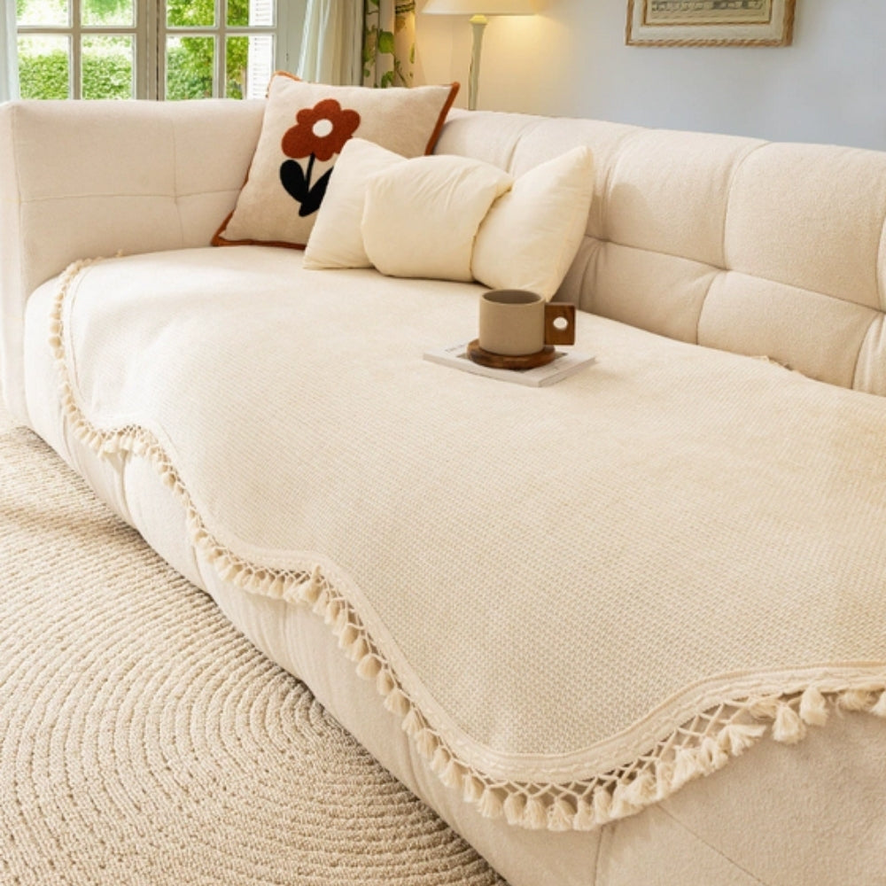 Luxe Chenille Sofabezug - Gewebte Textur mit Quasten, Rutschfest 0