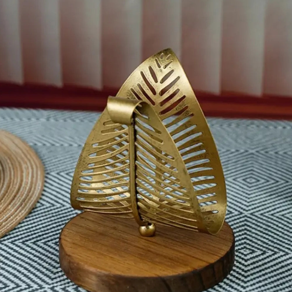 Talia Tissue Holder - Iron with Wooden Base, Leaf Design 0