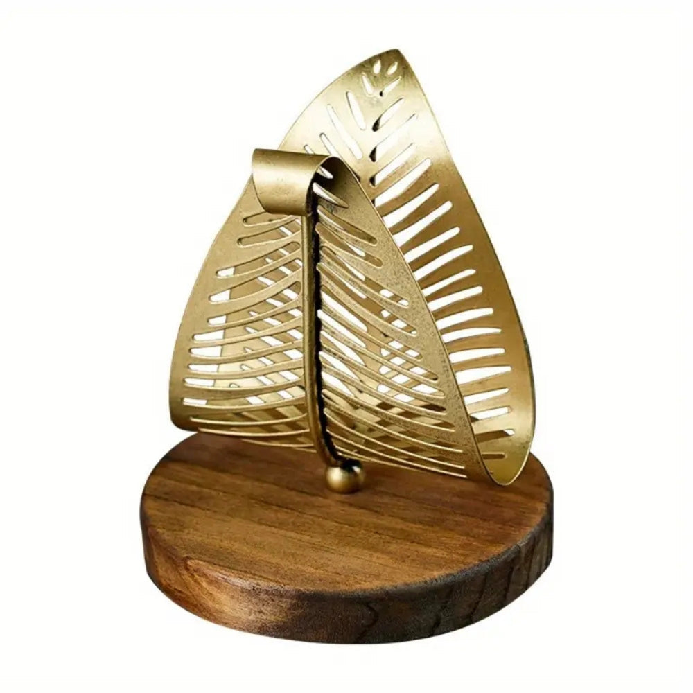 Talia Tissue Holder - Iron with Wooden Base, Leaf Design 1