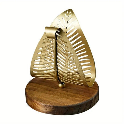 Talia Tissue Holder - Iron with Wooden Base, Leaf Design 1