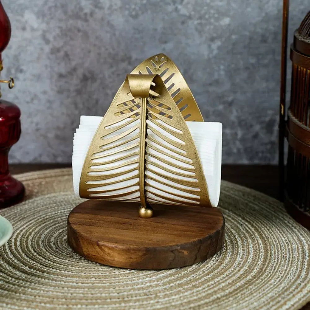 Talia Tissue Holder - Iron with Wooden Base, Leaf Design 4