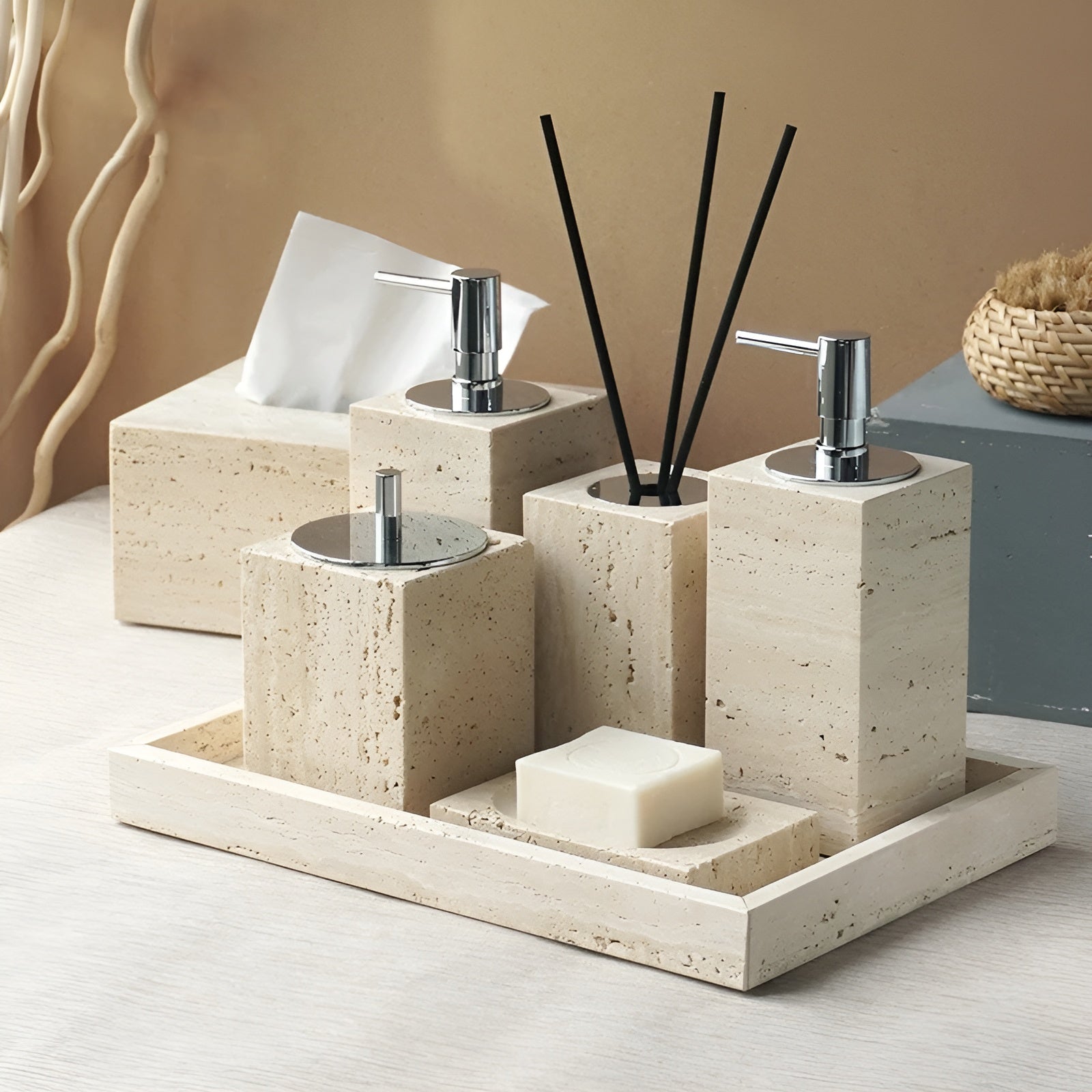 Tavero Badezimmer Set - Travertin Naturstein, Elegant und Antibakteriell 2