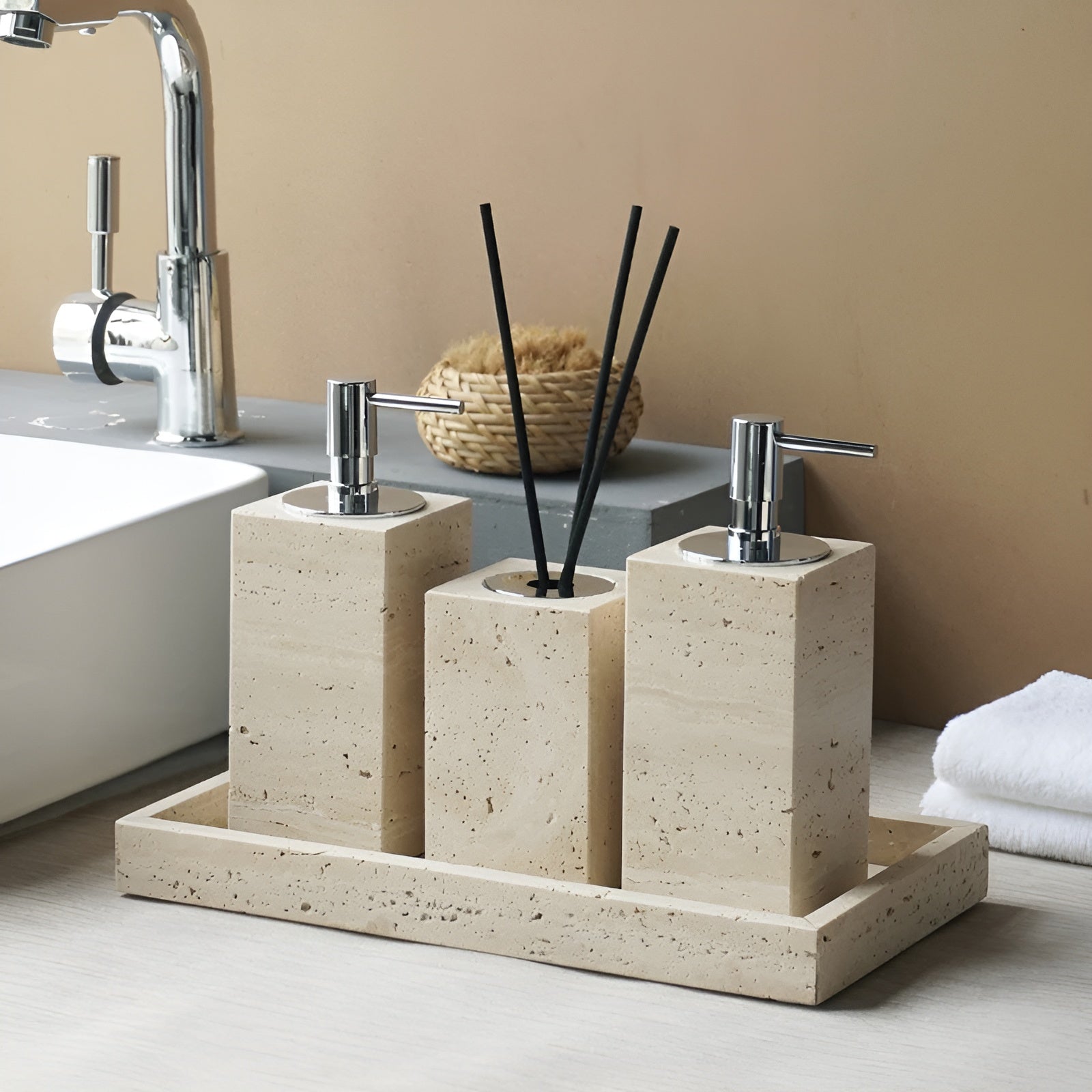 Tavero Badezimmer Set - Travertin Naturstein, Elegant und Antibakteriell 6